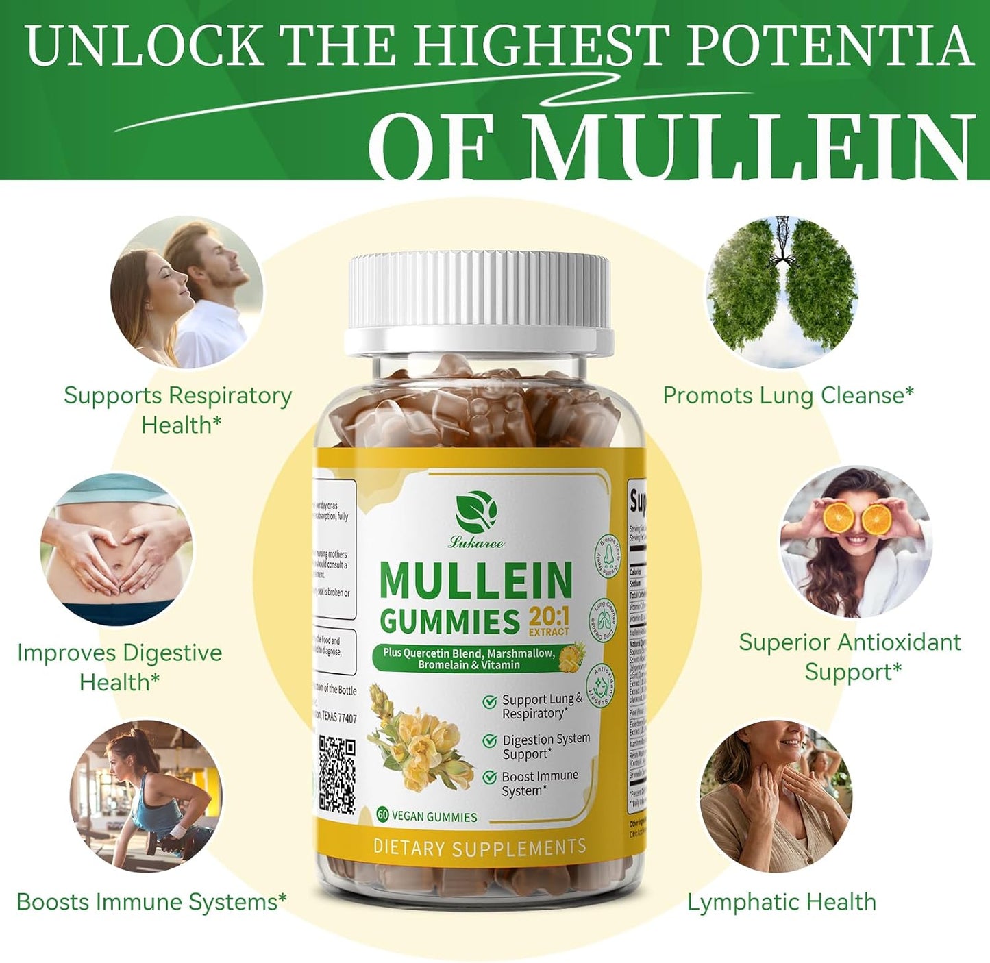 (2 Pack) Mullein Gummies for Lung Cleanse & Lymphatic Drainage* -120 Count | Extra Strength Mullein Leaf Extract w/Quercetin, Elderberry & Marshmallow for Respiratory & Immunity - for Women & Men-Vegan