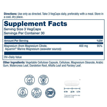 SOLARAY Magnesium Citrate 400mg - Magnesium Supplement - Bone Health, Muscle, Relaxation and Heart Health Support - Vegan, Gluten Free - 60 Servings, 180 VegCaps
