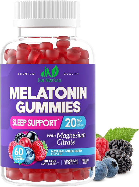 Melatonin 20mg Gummies with Magnesium Citrate - Maximum Strength Sleep Aid for Adults with 10mg of Melatonin Per Gummy - Gluten-Free, Non-GMO, Vegetarian, Mixed Berry Flavor - 60 Gummies