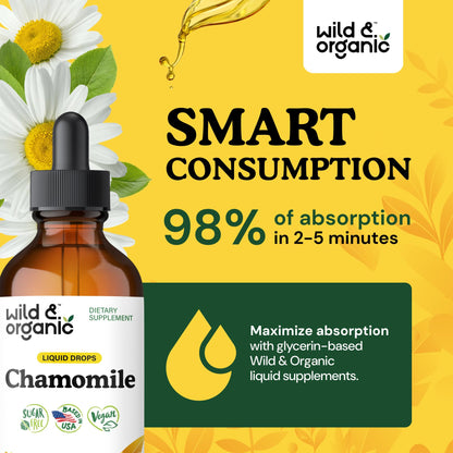 Wild & Organic Chamomile Flowers Drops - Add to Tea for Relaxation Support - 500 mg Chamomile Extract Liquid Drops - Calming Herbal Supplement - 56-Day Supply - Vegan, Sugar & Alcohol-Free - 4 fl oz