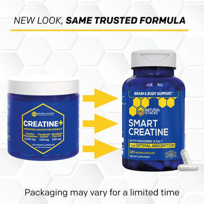Creatine Monohydrate 2500mg Capsules, Advanced Absorption, 120 Count | With 450mg fenugreek extract and 250mg Himalayan pink salt. Supports muscle building, endurance, and brain health.