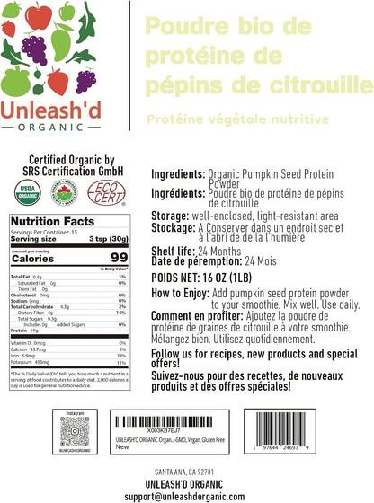 Unleash’d Organic Pumpkin Seed Protein Powder 16oz – Vegan, Non-GMO, Plant-Based Protein, No Artificial Sweeteners, Supports Immune Health