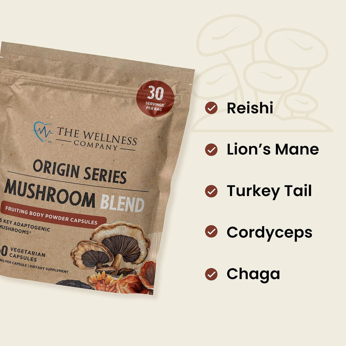 Mushroom Blend - Reishi, Lion's Mane, Turkey Tail, Cordyceps & Chaga, 60ct