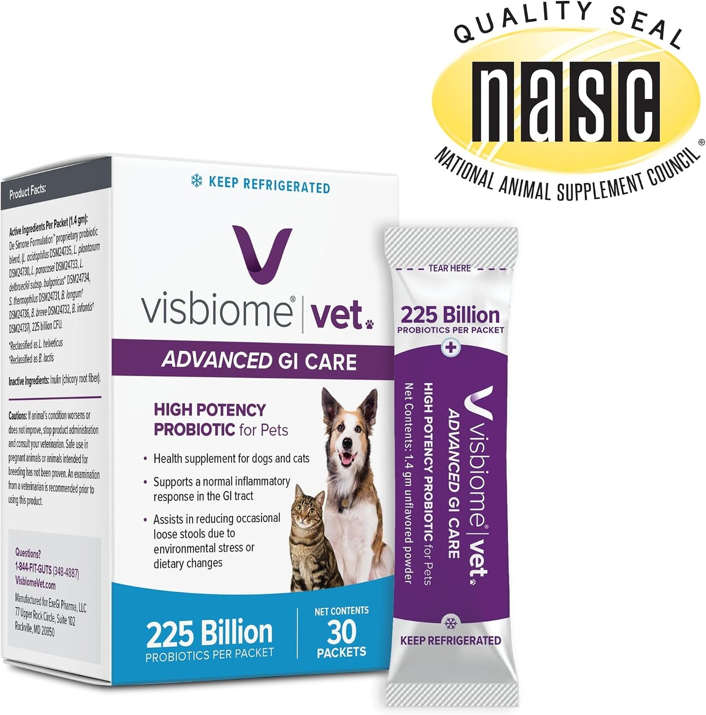 Visbiome® Vet Advanced GI Care Probiotic for Dogs & Cats, 225B CFU, 30 ct | Veterinarian Recommended, De Simone Formulation®, Multi-Strain, Refrigerated Probiotics, Weight-Based Dosing, Made in USA