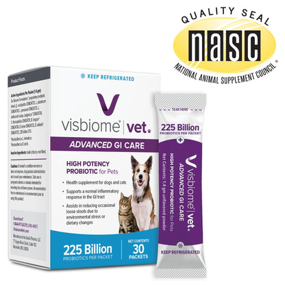 Visbiome® Vet Advanced GI Care Probiotic for Dogs & Cats, 225B CFU, 30 ct | Veterinarian Recommended, De Simone Formulation®, Multi-Strain, Refrigerated Probiotics, Weight-Based Dosing, Made in USA