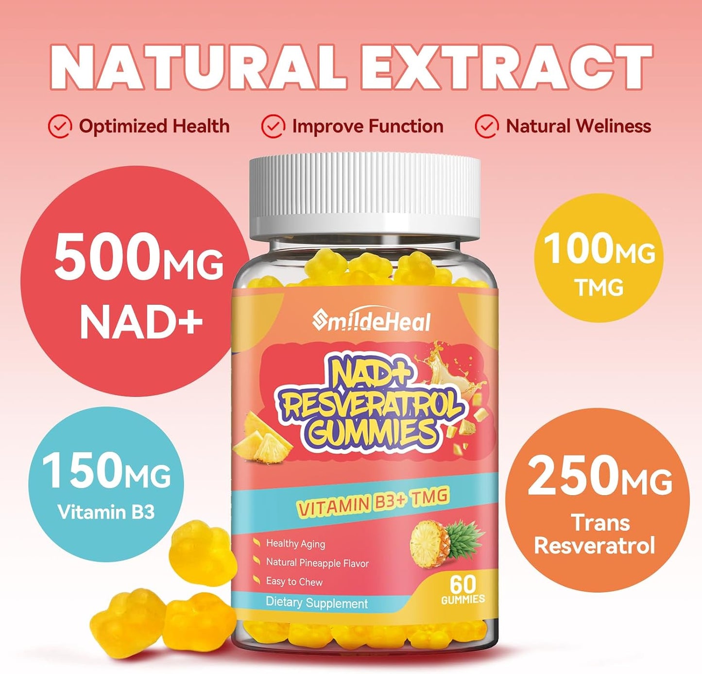 NAD+ Resveratrol Gummies NAD+ Supplement 500mg with Vitamin B3 & TMG – Healthy Aging, Energy & Cellular Health Support – Vegan Friendly, Natural Pectin – 60 Gummies, 30-Day Supply
