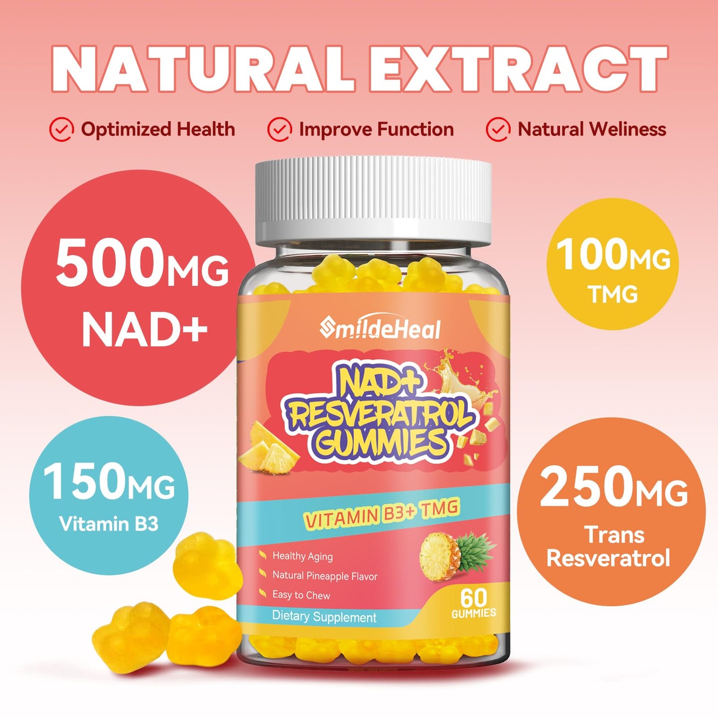 NAD+ Resveratrol Gummies NAD+ Supplement 500mg with Vitamin B3 & TMG – Healthy Aging, Energy & Cellular Health Support – Vegan Friendly, Natural Pectin – 60 Gummies, 30-Day Supply