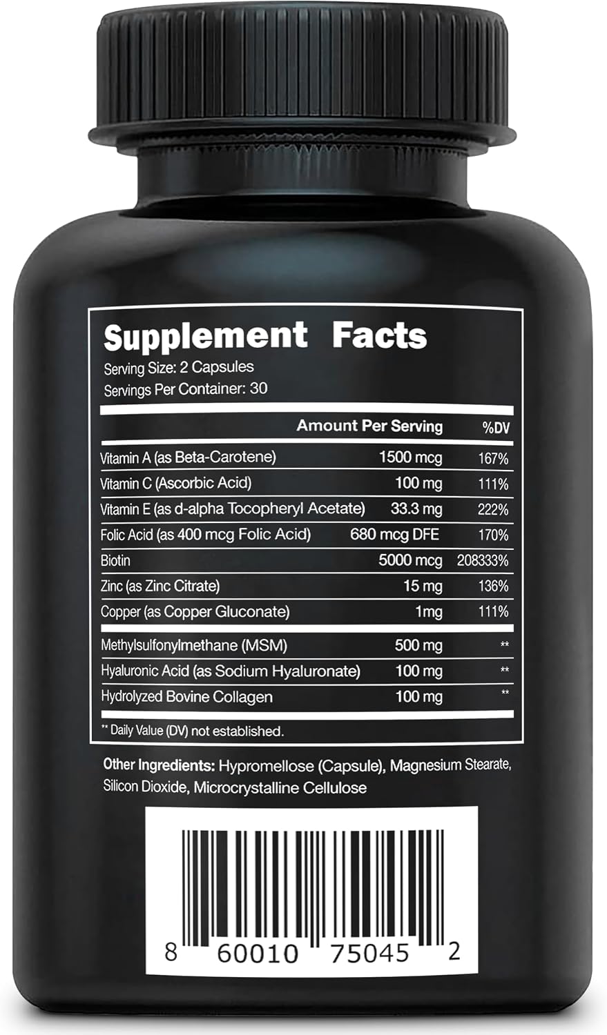 Vital Vitamins Biotin Complex with Collagen & Hyaluronic Acid | 5,000mcg Biotin, MSM & Vitamin C for Hair, Skin & Nails, Non-GMO, For Women & Men, 60 Capsules check