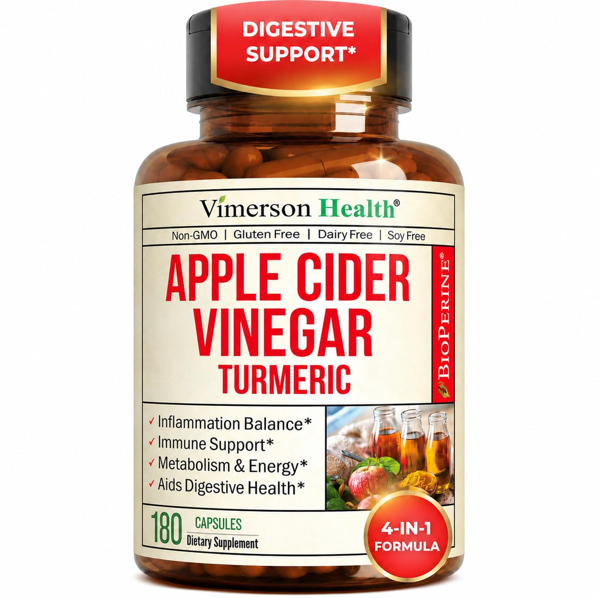 Apple Cider Vinegar Capsules with Turmeric, Ginger & BioPerine 60 Capsules
