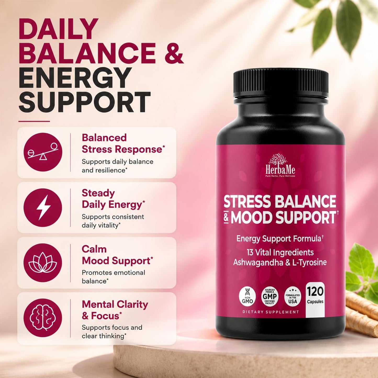 HerbaMe Stress & Mood Support Supplement with Ashwagandha & L-Tyrosine, Energy & Focus Formula, Helps Maintain Balanced Stress Response, 120 Capsules