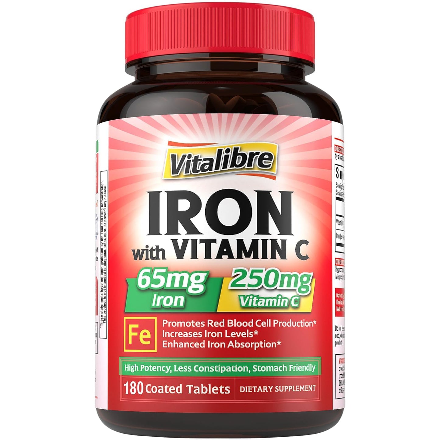 Iron Supplement, 65mg Carbonyl Iron with 250mg Vitamin C, Stomach Friendly | Iron Pills for Blood Building Women & Men, High Absorption, No Nausea, No Constipation, Non-GMO, No Gluten, 60 Vegan Tabs
