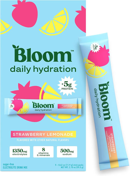 Bloom Nutrition Hydration Electrolyte Sticks, Strawberry Lemonade, 5 Count | Electrolytes with Collagen, 5g Protein, Vitamins & Minerals, Sugar Free Drink Mix