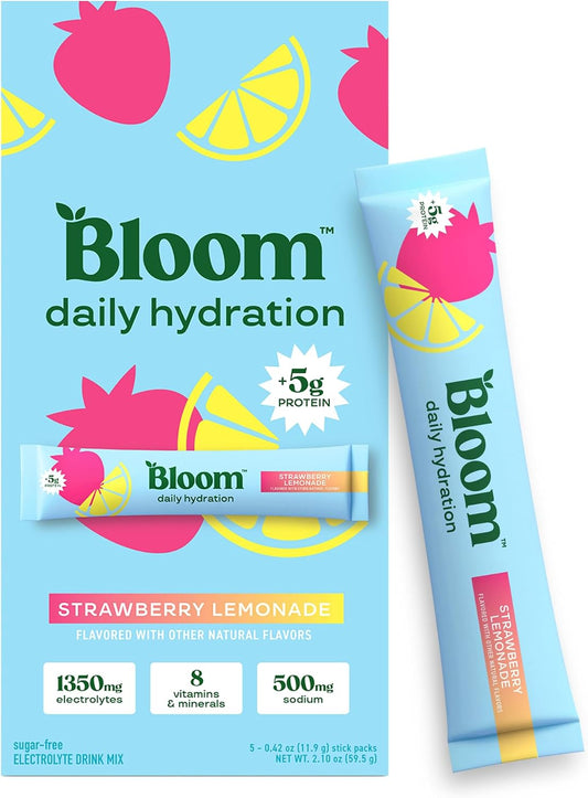 Bloom Nutrition Hydration Electrolyte Sticks, Strawberry Lemonade, 5 Count | Electrolytes with Collagen, 5g Protein, Vitamins & Minerals, Sugar Free Drink Mix