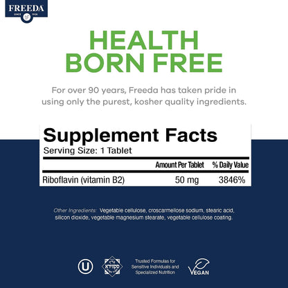 FREEDA Riboflavin Vitamin B2 Supplement - 50mg - 100 Tablets | Vegan & Kosher Riboflavin B2 50mg Tablets - Support Energy, Brain Function, Metabolism, and Nervous System Health