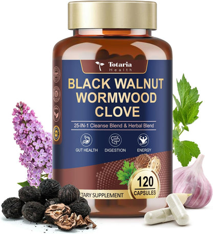 Totaria 120 Counts 25-in-1 Wormwood Black Walnut Clove Cleanse for Humans Capsules - Gut Cleanse & Digestive & Liver Health with Clove Pumpkin Seed Oil Garlic Oregano - Herbal Vegan Capsules