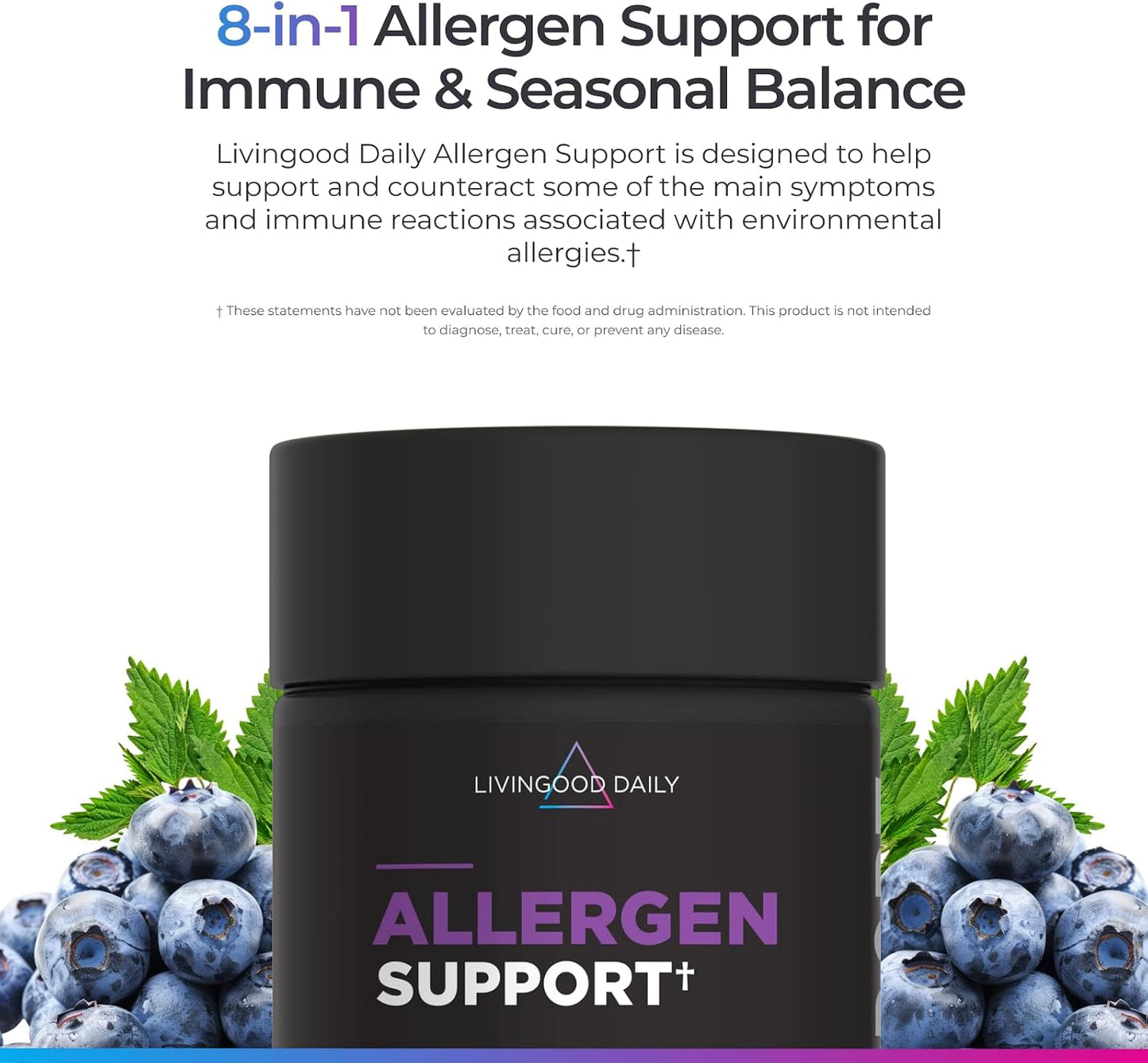 Livingood Daily Allergen Support, Natural Allergy Supplement with Vitamin C, Quercetin, Nettle Leaf, Zinc, Bromelain & Tinospora, Non GMO, Vegan, Immune Support Formula, 120 Vegetarian Capsules