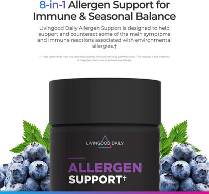 Livingood Daily Allergen Support, Natural Allergy Supplement with Vitamin C, Quercetin, Nettle Leaf, Zinc, Bromelain & Tinospora, Non GMO, Vegan, Immune Support Formula, 120 Vegetarian Capsules