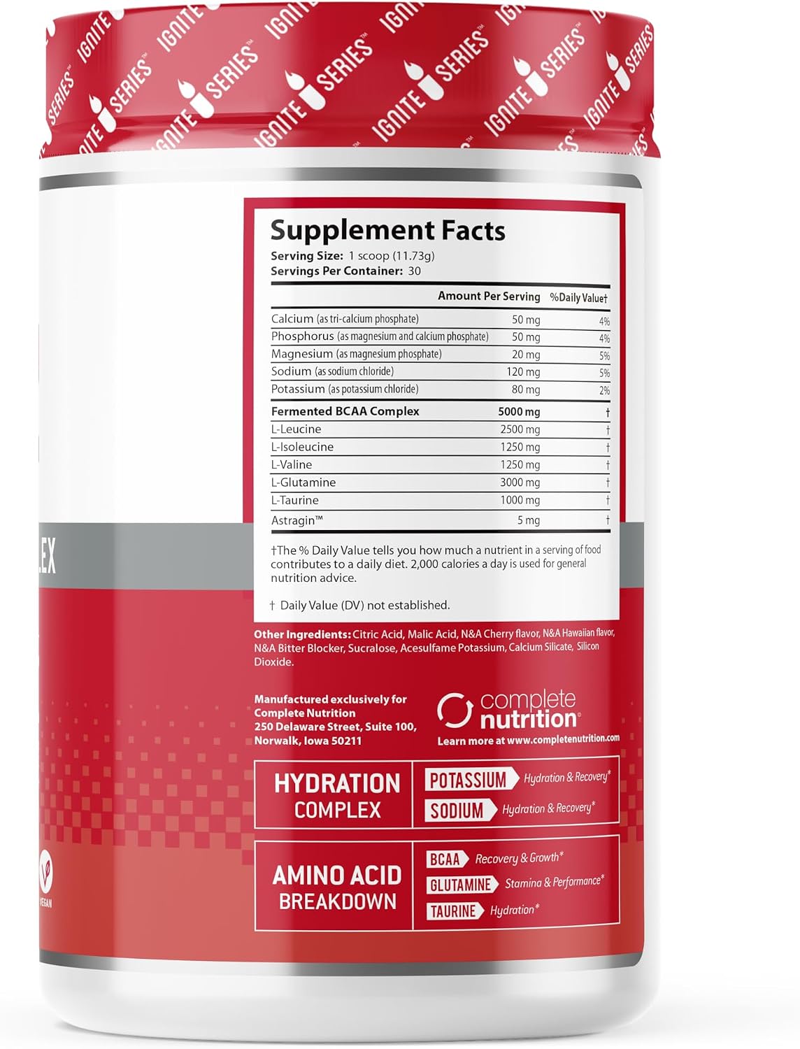 Complete Nutrition Ignite Series BCAA Advanced Amino Acid Complex, Supports Muscle Recovery, Hydration & Growth, 5g BCAA, 3g Glutamine, 13 oz Tub (30 Servings)