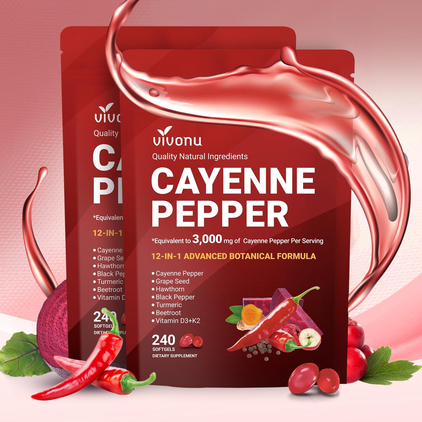 VivoNu Cayenne Pepper Softgels Supplement, Supports Leg Vein, Heart and Blood Vessel Health, with Vitamin E D3+K2 and Extracts of Grape Seed, Hawthorn, Beetroot, Berberine (Softgel / 1 Bag)