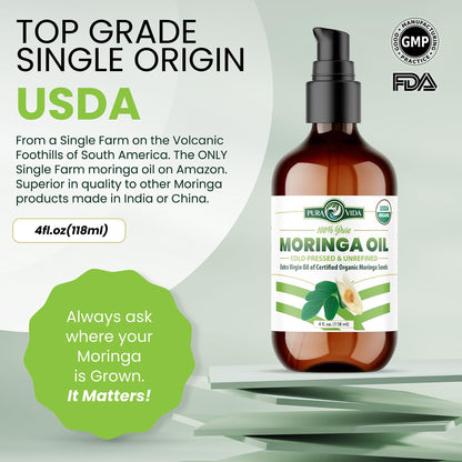 100% Pure Moringa Oil Organic for Face, Hair, Nails and Dry Skin - USDA Certified Single