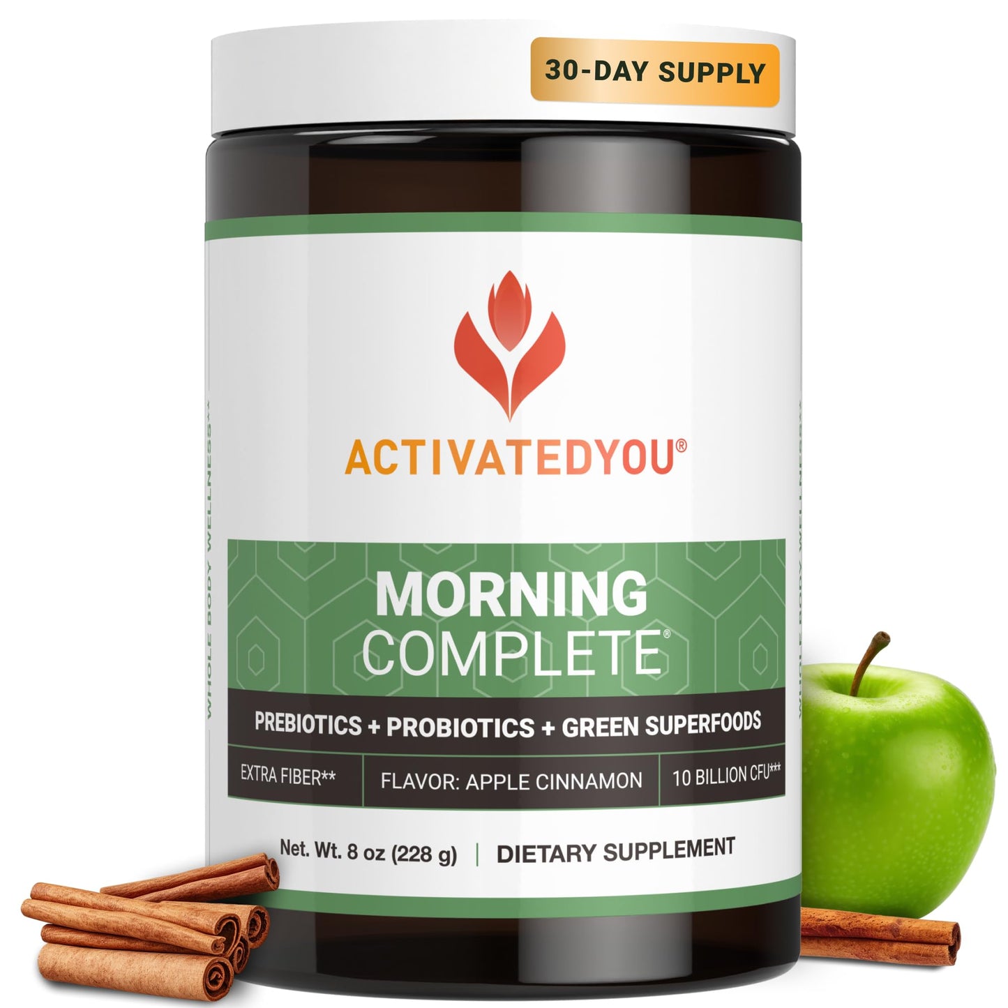 ACTIVATEDYOU Morning Complete Daily Wellness Greens Superfood Drink Mix for Gut Health w/Prebiotics, Probiotics, Antioxidants, Green Superfoods, 10 Billion CFUs, 30 Servings (Citrus)