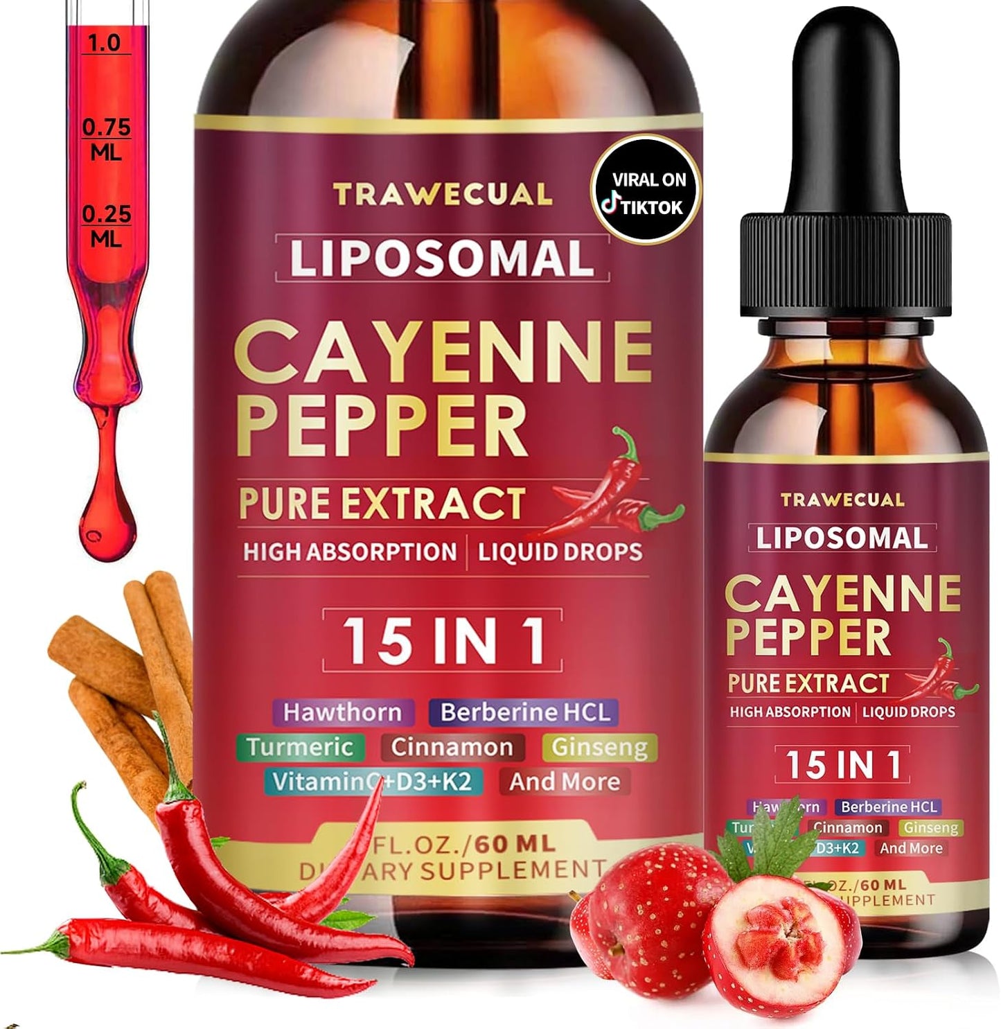 15 in1 Liposomal Cayenne Pepper Liquid Drops Supplement, with Vitamin D3 K2, Hawthorn, Berberine HCL, Beet Root, Turmeric, Cinnamon, Digestion, Circulatory Heath Support- 2 Fl Oz for 30 Days