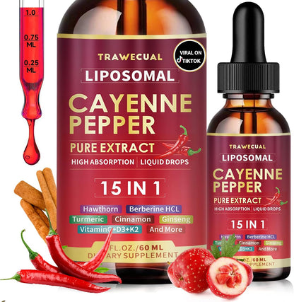 15 in1 Liposomal Cayenne Pepper Liquid Drops Supplement, with Vitamin D3 K2, Hawthorn, Berberine HCL, Beet Root, Turmeric, Cinnamon, Digestion, Circulatory Heath Support- 2 Fl Oz for 30 Days