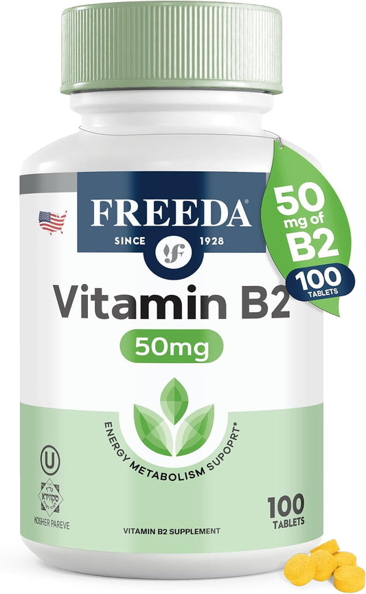 FREEDA Riboflavin Vitamin B2 Supplement - 50mg - 100 Tablets | Vegan & Kosher Riboflavin B2 50mg Tablets - Support Energy, Brain Function, Metabolism, and Nervous System Health