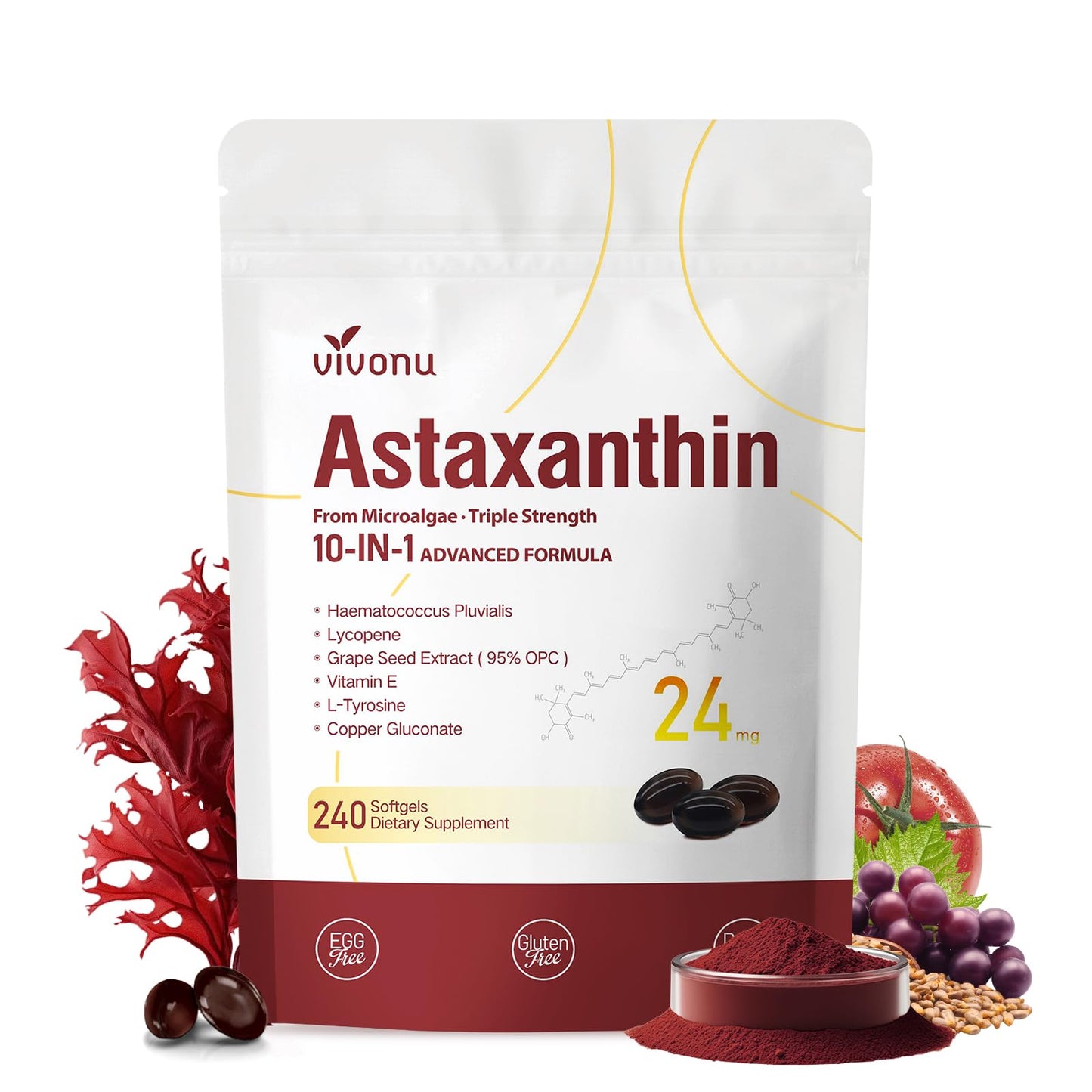 10 in 1 Astaxanthin 12mg Supplements, 4 Month Supply, Astaxantina Antioxidant from Fresh Haematococcus Pluvialis, Contains Lycopene, Grape Seed, Vitamin E, & More Supports Eye, Joints, Skin Health