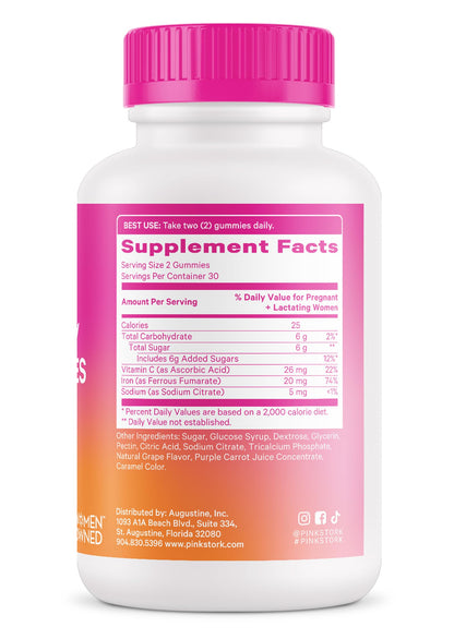 Pink Stork Prenatal Iron Supplement Gummies for Women - 20 mg Iron Gummy with Vitamin C