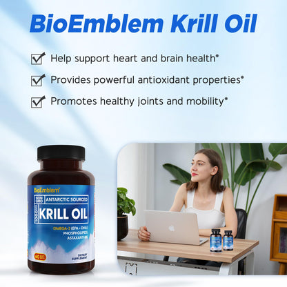 BioEmblem Antarctic Krill Oil Supplement | 1000mg Per Serving | Omega-3 Oil with High Levels of EPA + DHA, Astaxanthin, and Phospholipids | No Fishy Aftertaste | 60-Count Non-GMO Softgels