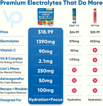 Venture Pal 2-in-1 Focus Support Electrolytes Powder + High Sodium Sugar-Free Electrolyte Powder Packets Bundle, Hydration Packets with Vitamins, Lion's Mane, Ashwagandha, Sodium, Potassium & Magnesiu