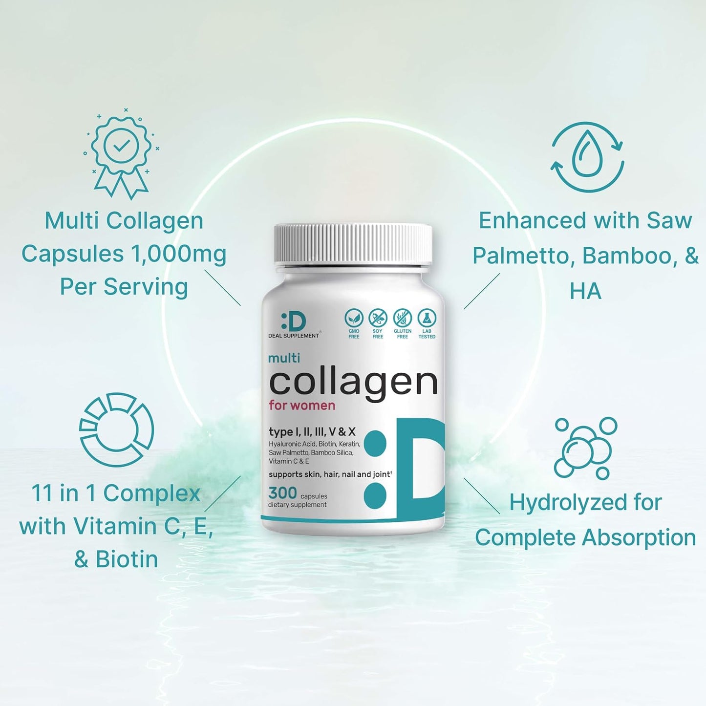 Multi Collagen Pills for Women & Men with Vitamin C, E & Biotin, 300 Capsules – Type I, II, III, V, X Hydrolyzed Collagen Peptides – 11 in 1 Formula with Saw Palmetto, Bamboo Silica, & Hyaluronic Acid