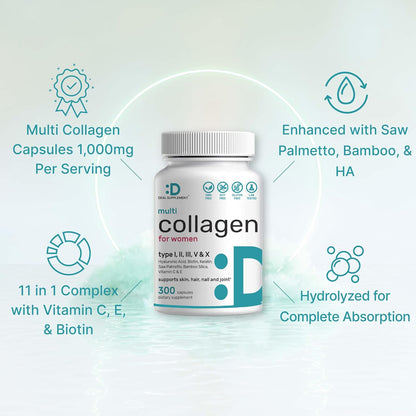Multi Collagen Pills for Women & Men with Vitamin C, E & Biotin, 300 Capsules – Type I, II, III, V, X Hydrolyzed Collagen Peptides – 11 in 1 Formula with Saw Palmetto, Bamboo Silica, & Hyaluronic Acid