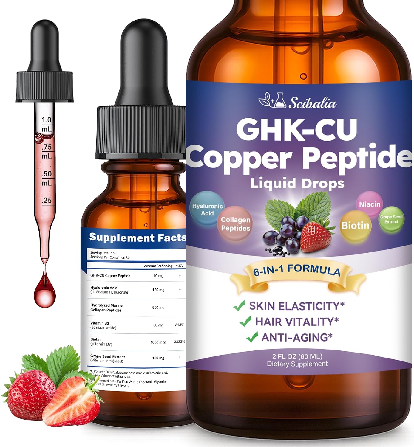 GHK-CU Peptide Supplement Liquid Drops for Women Men | Premium 6-in-1 GHK CU Copper Peptides w. Marine Collagen Hyaluronic Acid Biotin for Anti-Aging, Skin Hair Growth Support