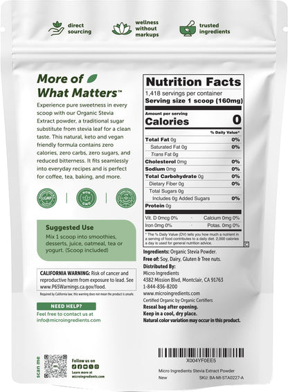 Micro Ingredients Pure Organic Stevia Powder, 8 Ounces, 1418 Serving, Highest Grade Green Leaf Extract Reb-A, Reduced Bitter Aftertaste, 0 Calorie, Natural Sweetener, Sugar Alternative, Keto Friendly