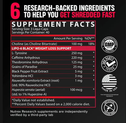 Nutrex Lipo-6 Black Max Strength Fat Burner - Fast Acting Energy, Weight Loss Diet Pills – Appetite Suppressant, Metabolism Booster - 120 Capsules