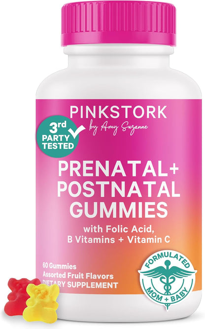 Pink Stork Fertility + Prenatal + Postnatal Gummy Vitamins, 60 Count | Full Motherhood Journey Support, Folate, B Vitamins, Zinc & Biotin, Postpartum Essentials, Assorted Fruit