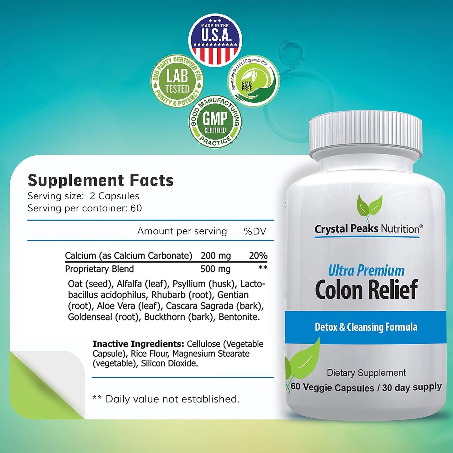 Natural Colon Cleanser Capsules for Constipation Relief and Gut Cleanse Detox - Cascara Sagrada, Psyllium Husk & Bentonite (60 Capsules)