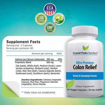 Natural Colon Cleanser Capsules for Constipation Relief and Gut Cleanse Detox - Cascara Sagrada, Psyllium Husk & Bentonite (60 Capsules)