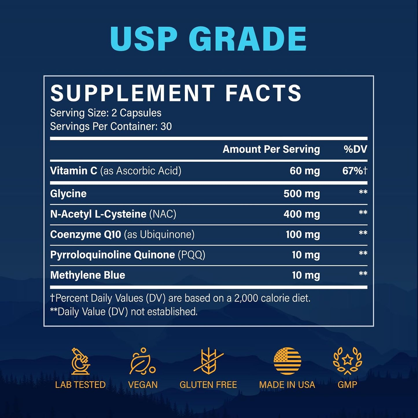 Methylene Blue Pharmaceutical Grade Capsules – USP Grade Brain Supplement with CoQ10, NAC, PQQ, Glycine & Vitamin C for Memory, Focus, Energy & Mitochondrial, No Formaldehyde - 60 Count