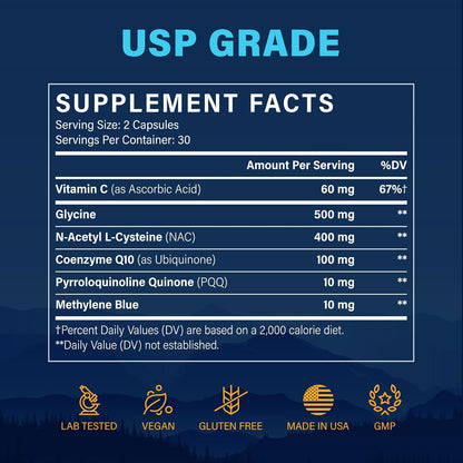 Methylene Blue Pharmaceutical Grade Capsules – USP Grade Brain Supplement with CoQ10, NAC, PQQ, Glycine & Vitamin C for Memory, Focus, Energy & Mitochondrial, No Formaldehyde - 60 Count