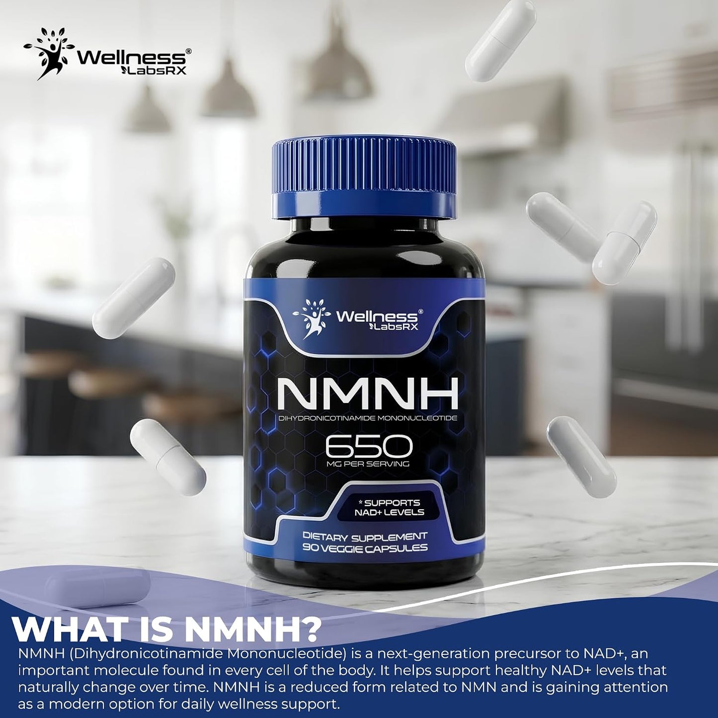 NMNH Supplements - Di-Hydro Nicotinamide Mononucleotide NMNH Capsules, Fast Absorption Ultra Strength NMN Supplement, NAD+ for Cellular Energy & Anti Aging, 650mg - Non-GMO, Gluten Free - 90 Capsules
