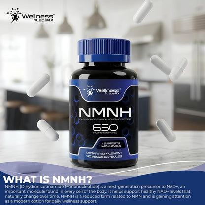 NMNH Supplements - Di-Hydro Nicotinamide Mononucleotide NMNH Capsules, Fast Absorption Ultra Strength NMN Supplement, NAD+ for Cellular Energy & Anti Aging, 650mg - Non-GMO, Gluten Free - 90 Capsules