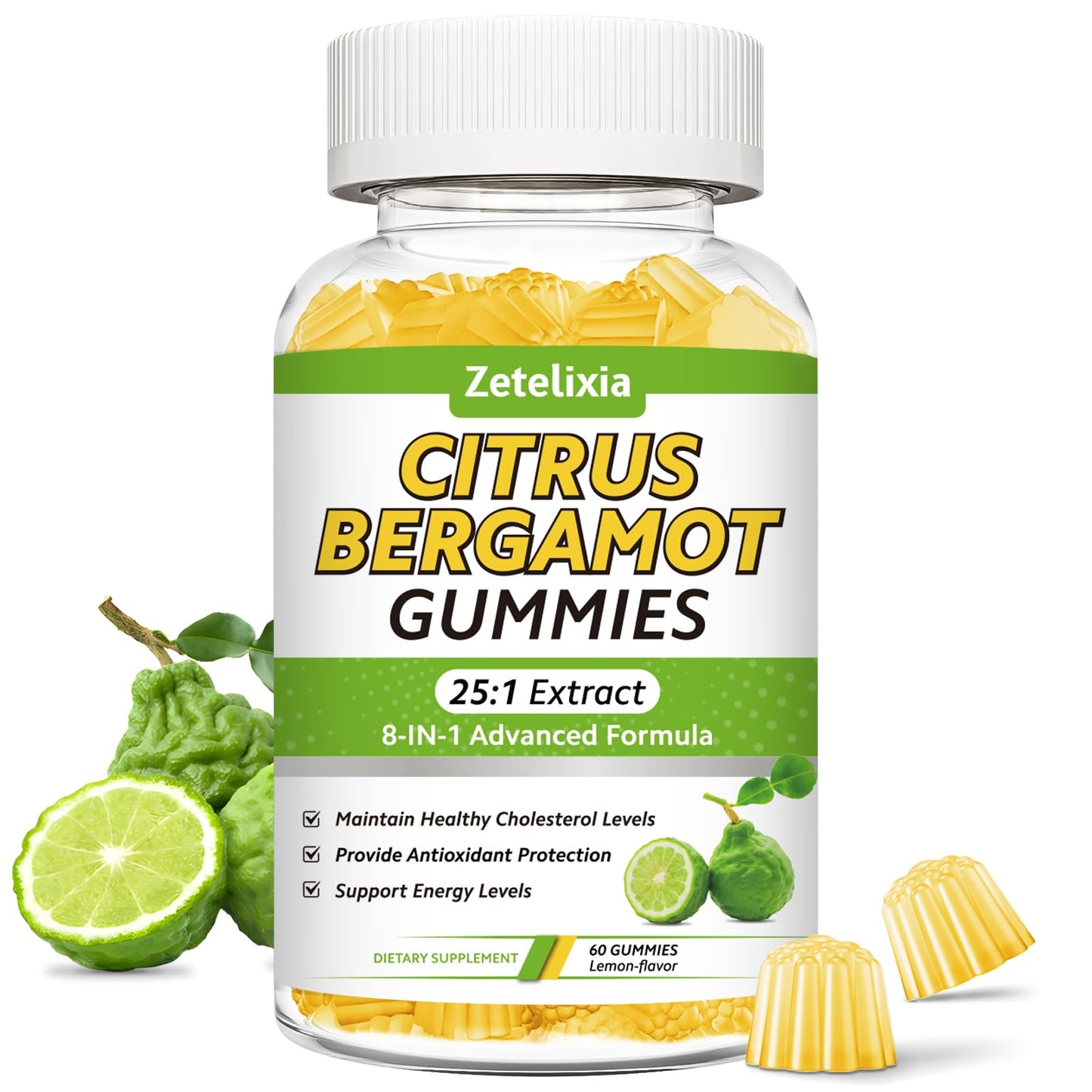 2 Pack Citrus Bergamot Gummies, Citrus Bergamot Supplement for High Cholesterol, Cholesterol Lowering Supplement for Heart, Immune System & Healthy Aging Support, Sugar Free, Lemon Flavor, 120 Cts