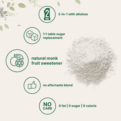Monk Fruit Sweetener with Allulose, 2 lbs | No Erythritol | No Aftertaste, 1:1 White Sugar Substitute, Keto & Vegan Friendly, Zero Calorie | Great for Drinks, Coffee, Tea, Cookies | Non-GMO