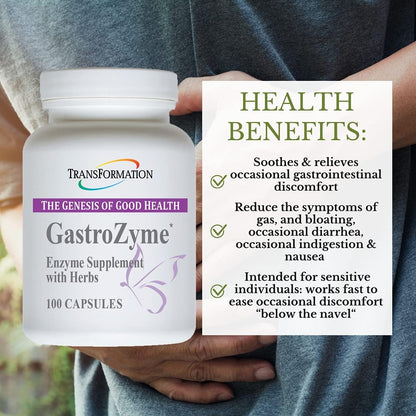 TRANSFORMATION THE GENESIS OF GOOD HEALTH - GastroZymeDigestive Supplement, Uniquely Formulated with Enzymes & Papaya Leaf, Plant Based with Herbs, Soothes - Relieves Gastrointestinal Discomfort, 100