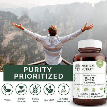 Natural Nutra Vitamin B12 1000 mcg, 100 Vegan Tablets | Promote Heart & Nerve Health, Cobalamin B12 Supplement, Help in Metabolism Health, Optimal Absorption, Gluten-Free,Sugar-Free
