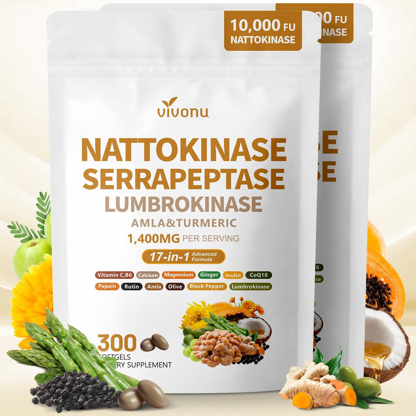 VivoNu Nattokinase 300 Softgels, 500mg(10,000 FU) Per Serving | 17-in-1 Organic Nattokinase Supplement with Serrapeptase*,Lumbrokinase*,CoQ10,AMLA&Turmeric|for Heart* Health|Non-GMO