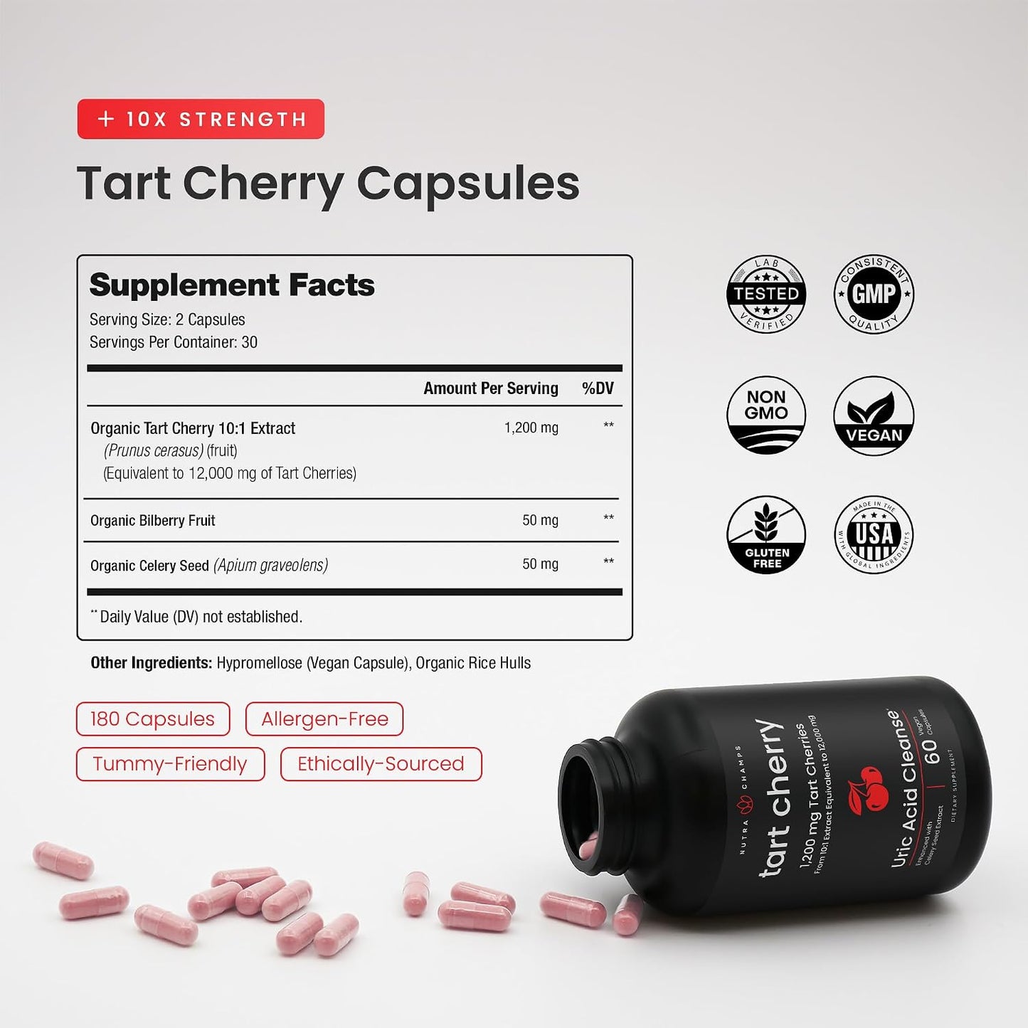 NutraChamps Organic Tart Cherry Extract Capsules - Made from Montmorency Tart Cherry Concentrate, Celery Seed & Bilberry - Supports, Sleep, Uric Acid Levels & Joint Health - 60 Vegan Capsules